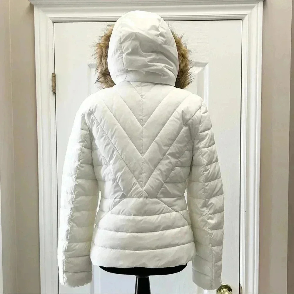 Joe Fresh Puffer Jacket Faux Fur Trimmed Hood Quilted Winter Coat White Small - Picture 15 of 16
